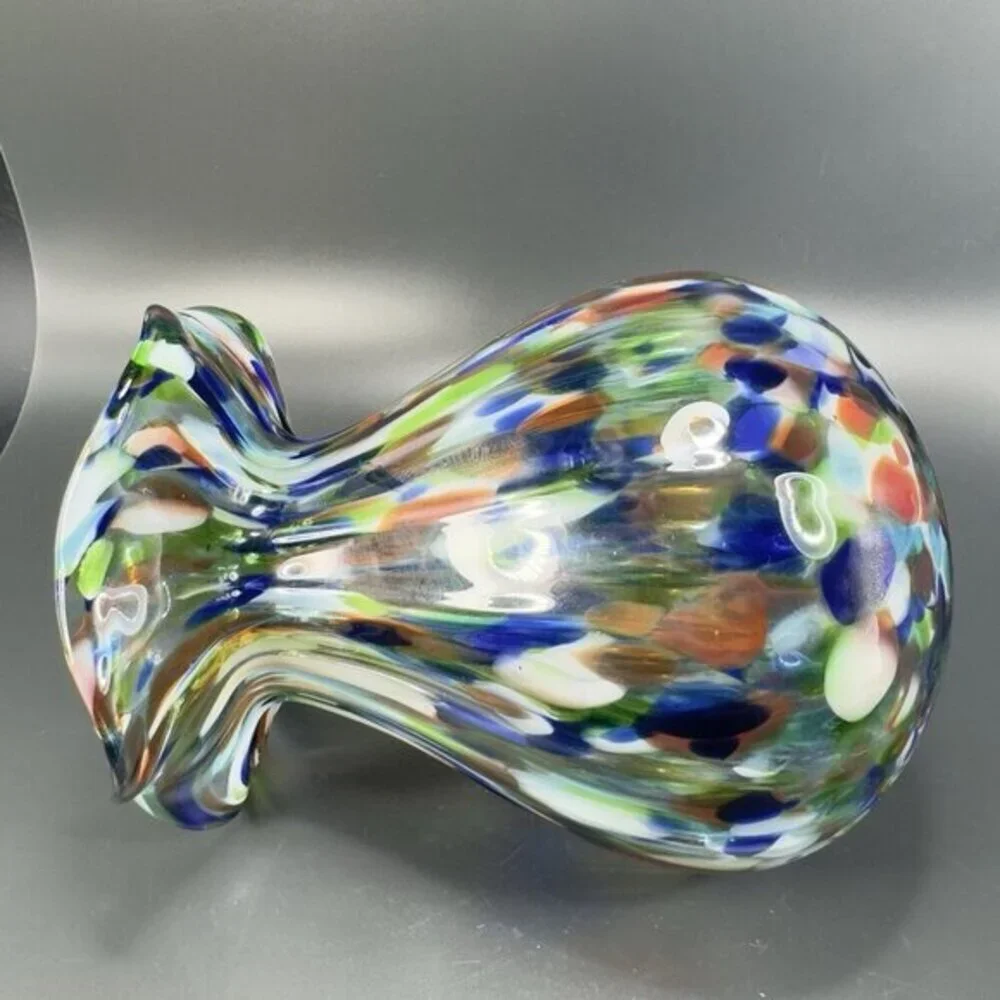 Vintage Blown Glass Vase Colorful Ribbed Blown Glass Vase with Ruffled Rim‎ Vase